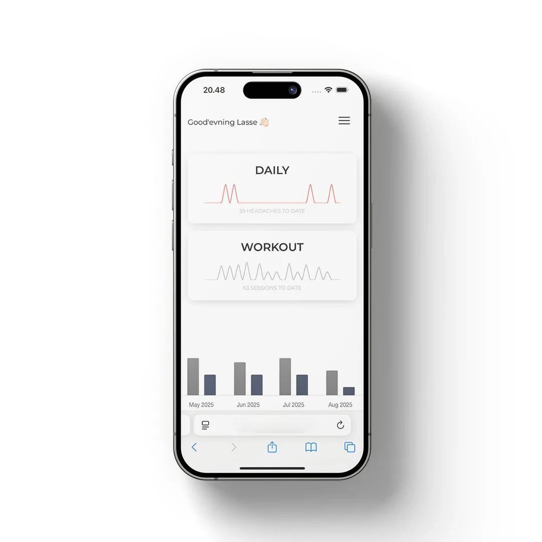 Så snart jeg logger ind på Heartbeat, bliver jeg ført direkte til dashboardet. Her finder jeg de to primære handlingsknapper, “Daily” og “Workout”, som giver hurtig adgang til de aktiviteter, jeg ønsker at registrere.  Under knapperne vises et dynamisk søjlediagram, genereret med Chart.js, som giver et visuelt overblik over min udvikling på tværs af måneder.